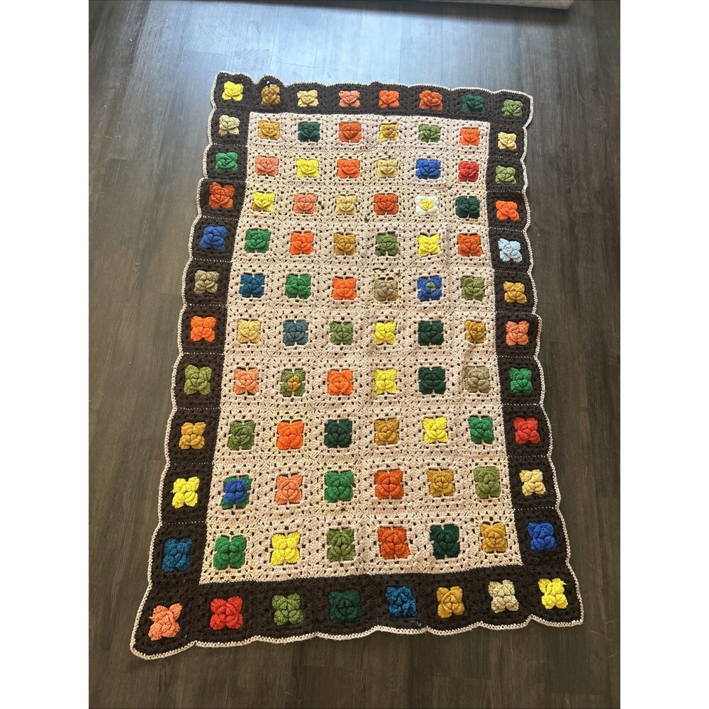 Vtg Granny Square Crochet Afghan 3d Flowers Multicolor 50x80 Handmade *Project